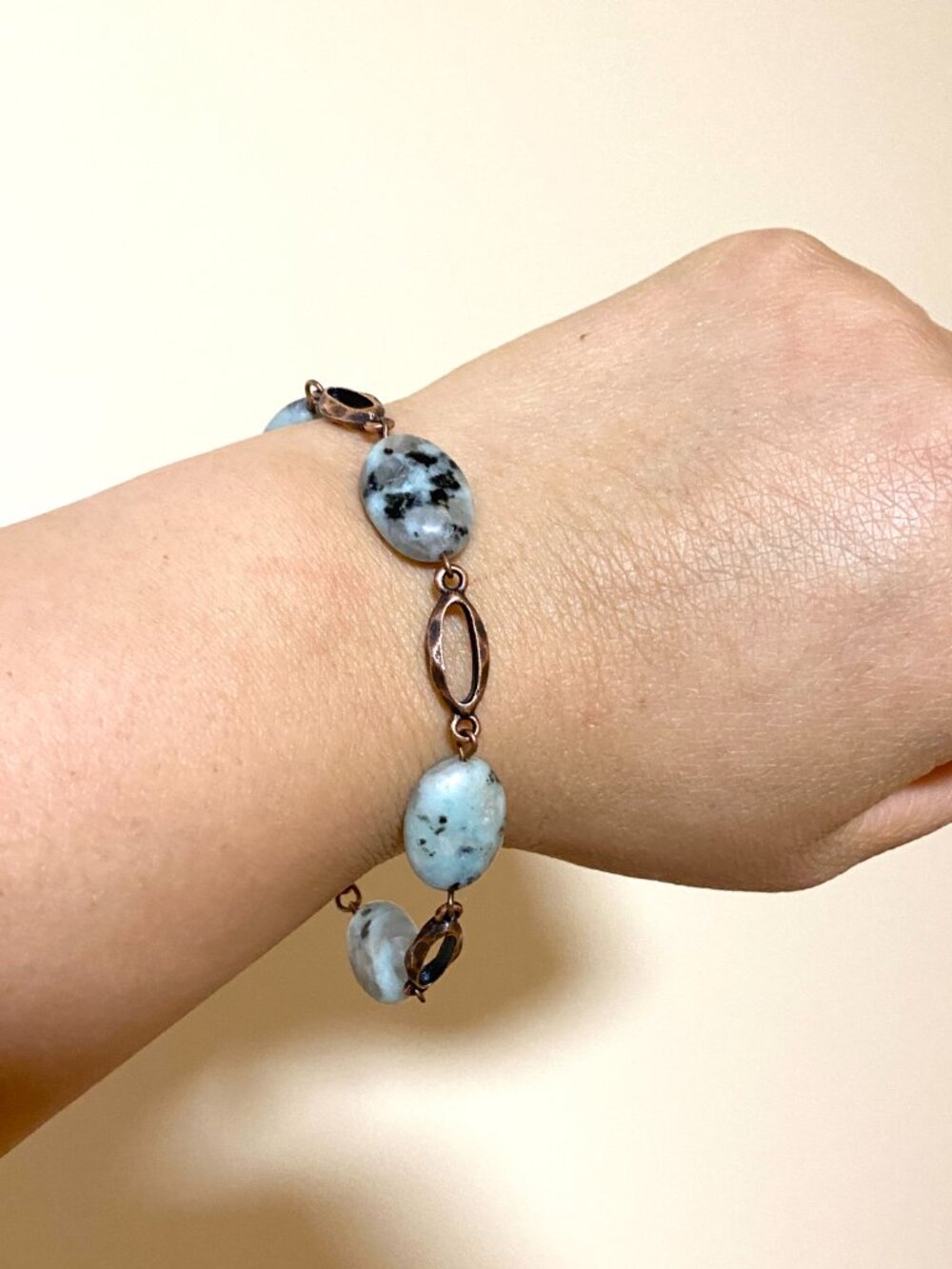 2/$20, Natural Kiwi Stone Bracelet, Genuine Gemstone & Copper Links - Picture 6 of 10